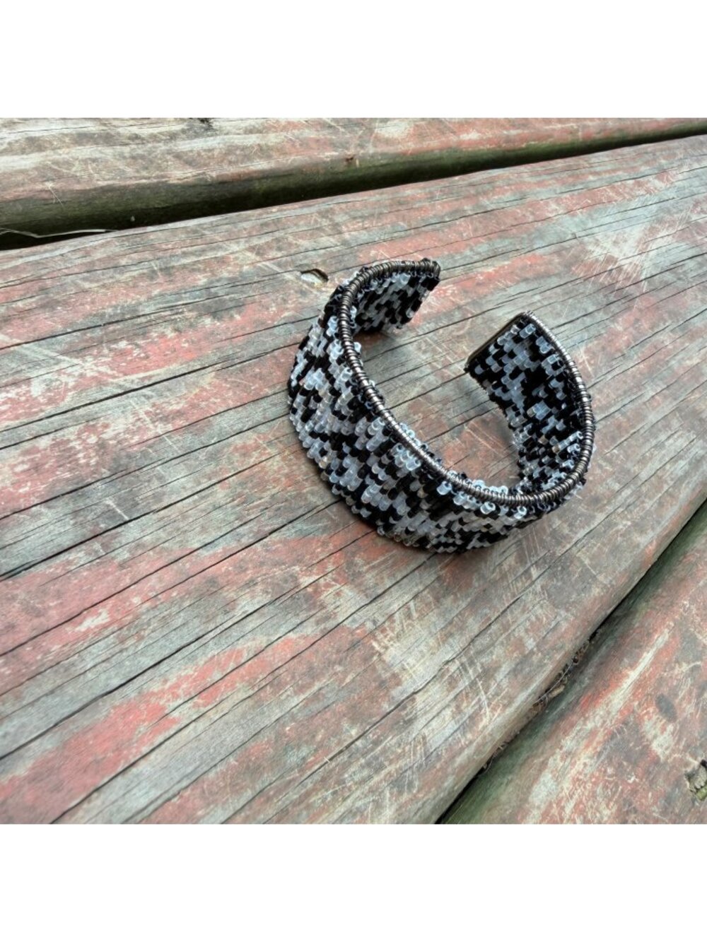 Handcrafted Black & Silver Beaded Cuff Bracelet With Sequins